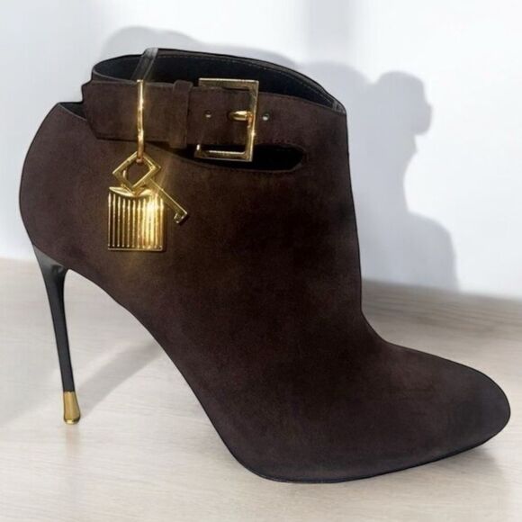 TOM FORD Brown Suede Almond Toe Padlock Ankle Strap Booties Size EU38.5 - Picture 1 of 12
